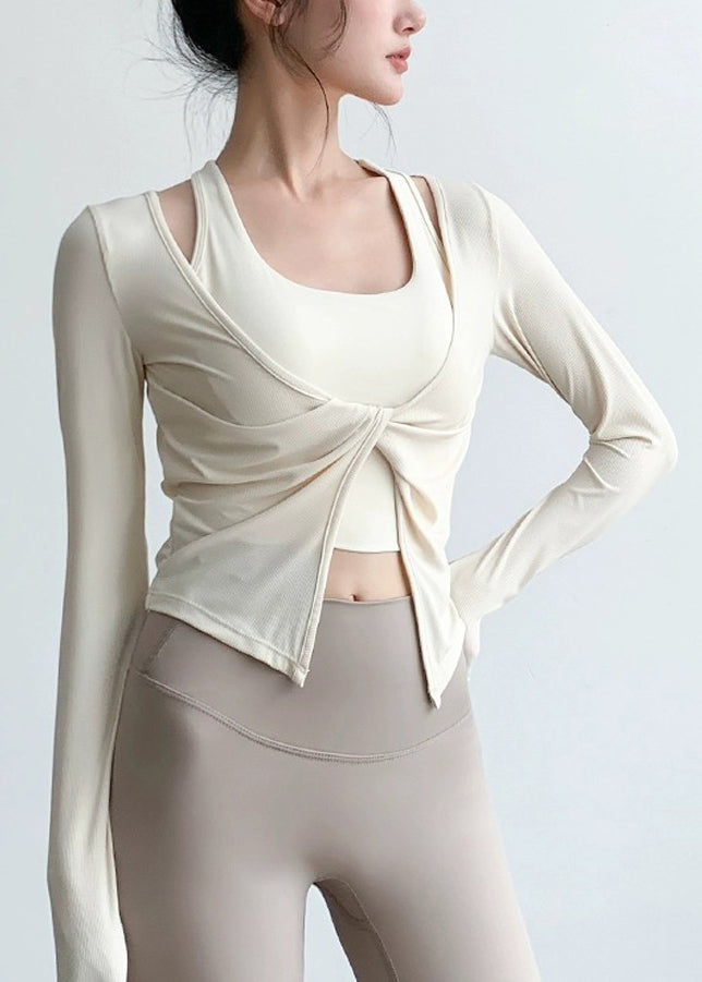 V Spring Yoga Wrinkled Art Tops Beige Neck