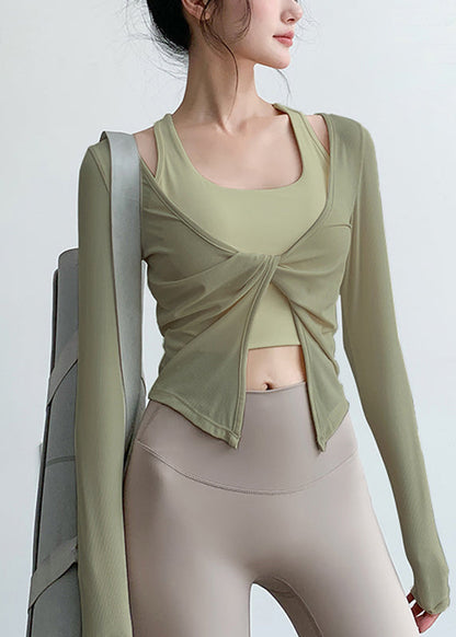 V Spring Yoga Wrinkled Art Tops Beige Neck