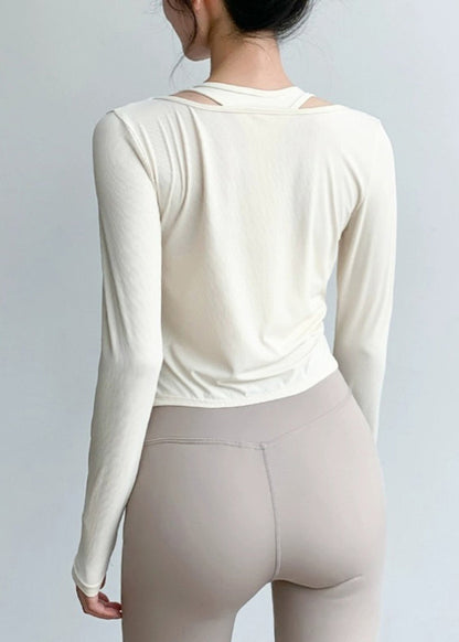 V Spring Yoga Wrinkled Art Tops Beige Neck