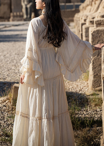 Cotton Beige Art Up Long Lace Sleeve Wrinkled Flare Dress