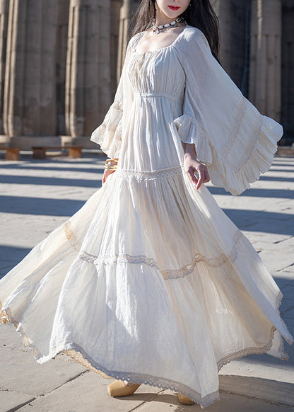 Cotton Beige Art Up Long Lace Sleeve Wrinkled Flare Dress
