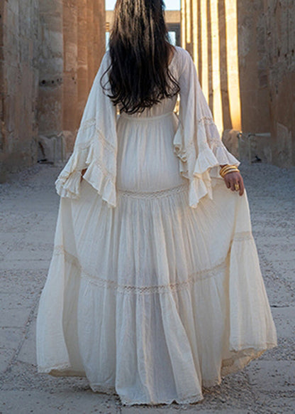 Cotton Beige Art Up Long Lace Sleeve Wrinkled Flare Dress