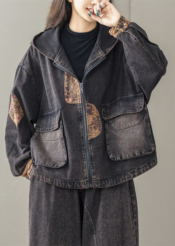 Hooded Art Spring Oversized Black Patchwork Jacket