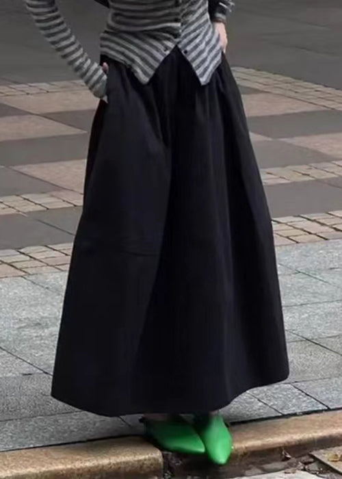 Waist Pockets Elastic Solid Skirt Cotton Fall Black Art