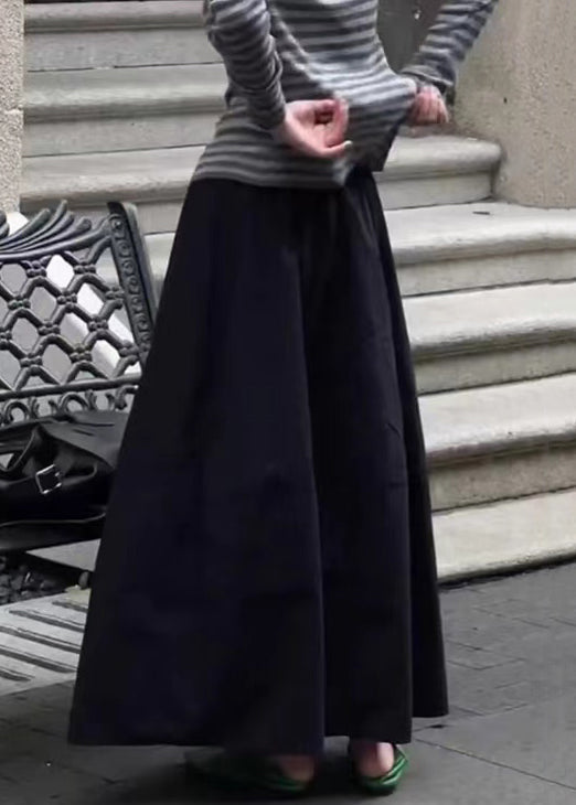 Waist Pockets Elastic Solid Skirt Cotton Fall Black Art