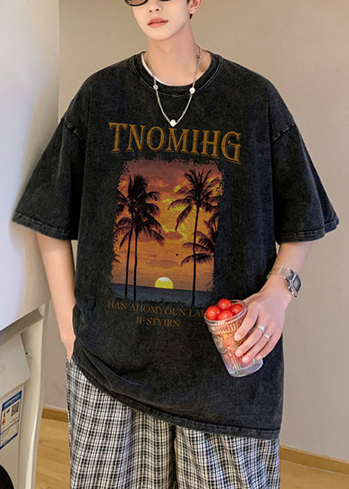 Art Black Print Loose Cotton Mens Graphic Tees Short Sleeve YL009