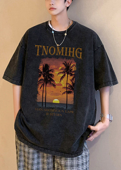 Art Black Print Loose Cotton Mens Graphic Tees Short Sleeve YL009