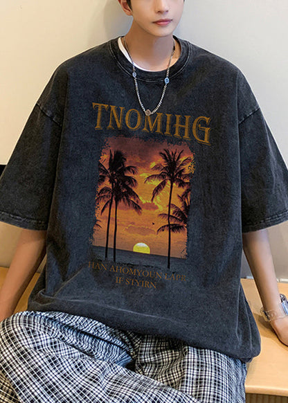 Art Black Print Loose Cotton Mens Graphic Tees Short Sleeve YL009