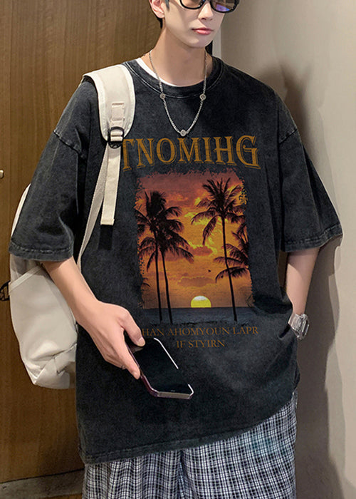 Art Black Print Loose Cotton Mens Graphic Tees Short Sleeve YL009