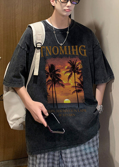 Art Black Print Loose Cotton Mens Graphic Tees Short Sleeve YL009