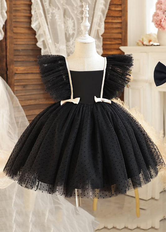 Art Black Square Collar Bow Tulle Kids Mid Dress Sleeveless EW008