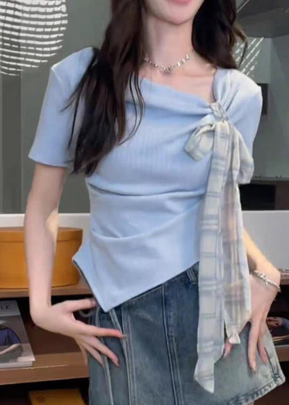 Blue Summer Cotton Asymmetrical Shirts Art T Bow