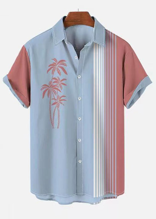 Asymmetrical Patchwork Cotton Mens Summer Art Striped Shirts Blue