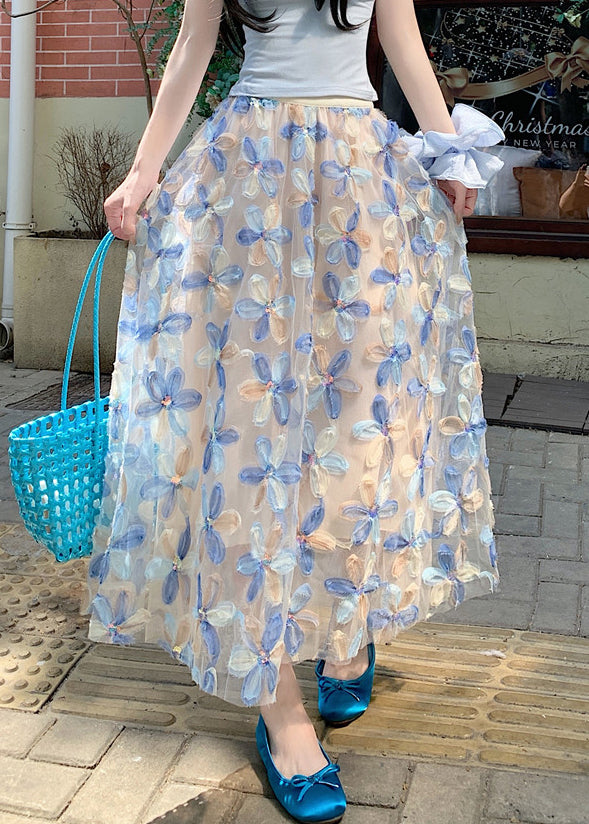 Tulle Floral Waist Summer Elastic Art Skirt Blue