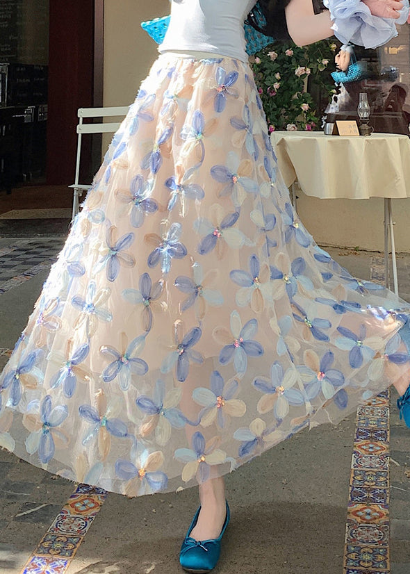 Tulle Floral Waist Summer Elastic Art Skirt Blue