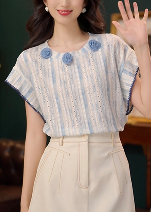 Cotton Summer T Blue Art Floral Out Shirt Hollow