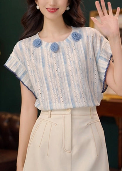 Cotton Summer T Blue Art Floral Out Shirt Hollow