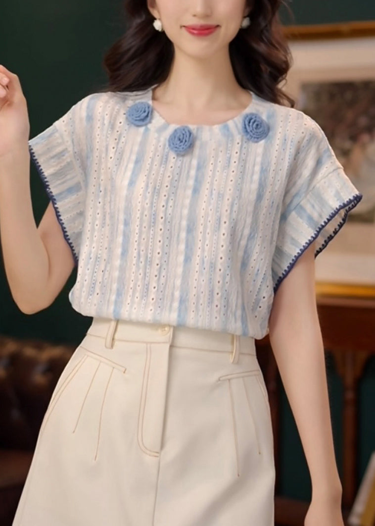 Cotton Summer T Blue Art Floral Out Shirt Hollow