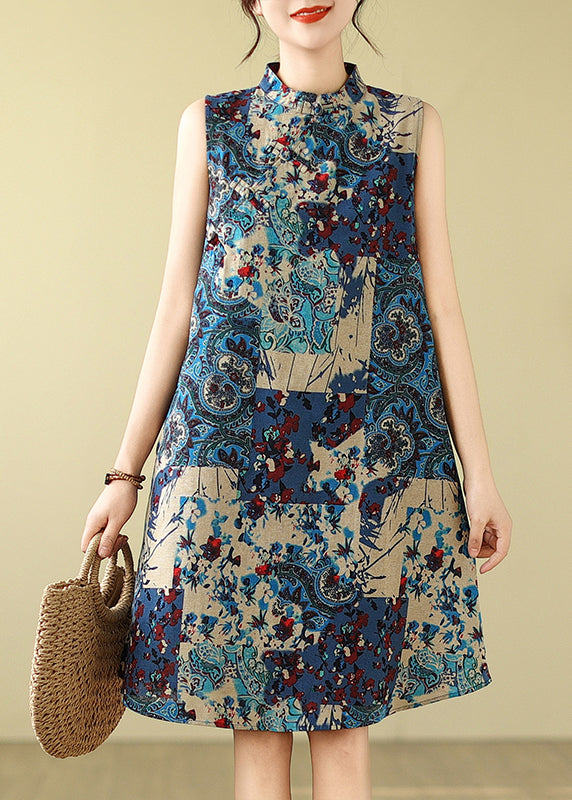 Mid Cotton Print Blue Collar Mandarin Art Dress Sleeveless