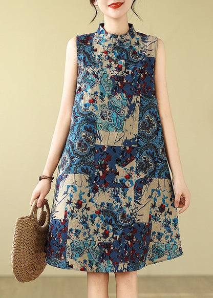 Mid Cotton Print Blue Collar Mandarin Art Dress Sleeveless
