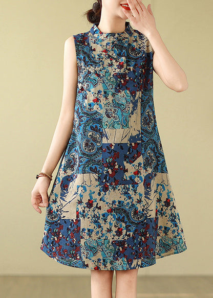 Mid Cotton Print Blue Collar Mandarin Art Dress Sleeveless