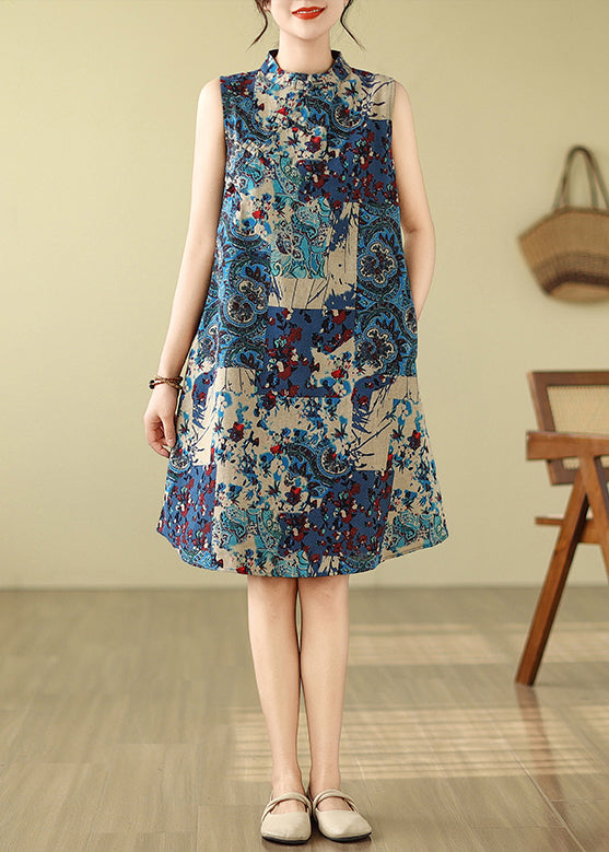 Mid Cotton Print Blue Collar Mandarin Art Dress Sleeveless