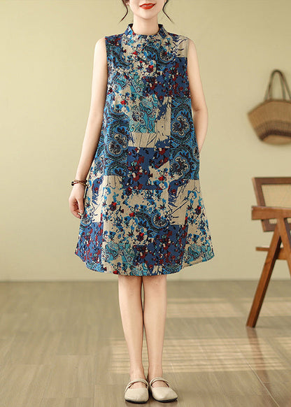 Mid Cotton Print Blue Collar Mandarin Art Dress Sleeveless