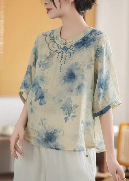 Top Mandarin Summer Print Art Linen Blue Collar