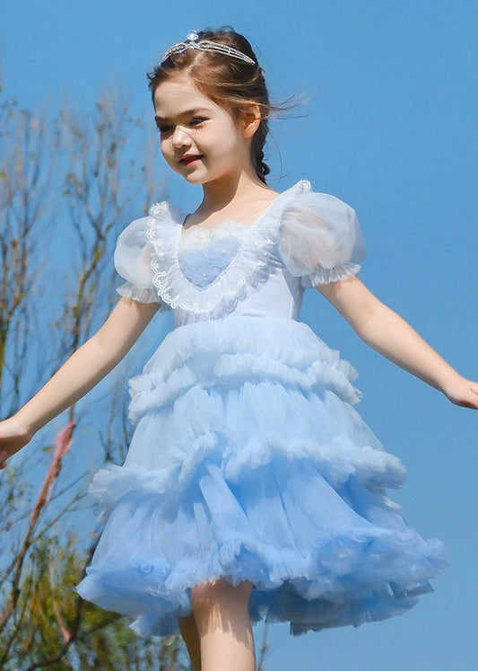 Art Blue O-Neck Ruffled Tulle Kids Girls Maxi Dresses Short Sleeve EW026