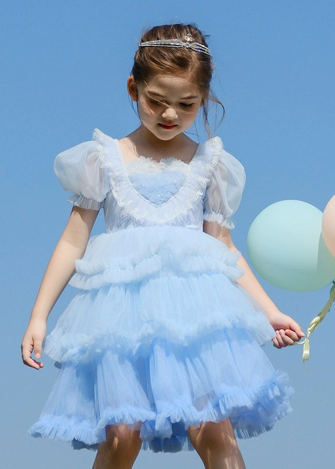 Art Blue O-Neck Ruffled Tulle Kids Girls Maxi Dresses Short Sleeve EW026