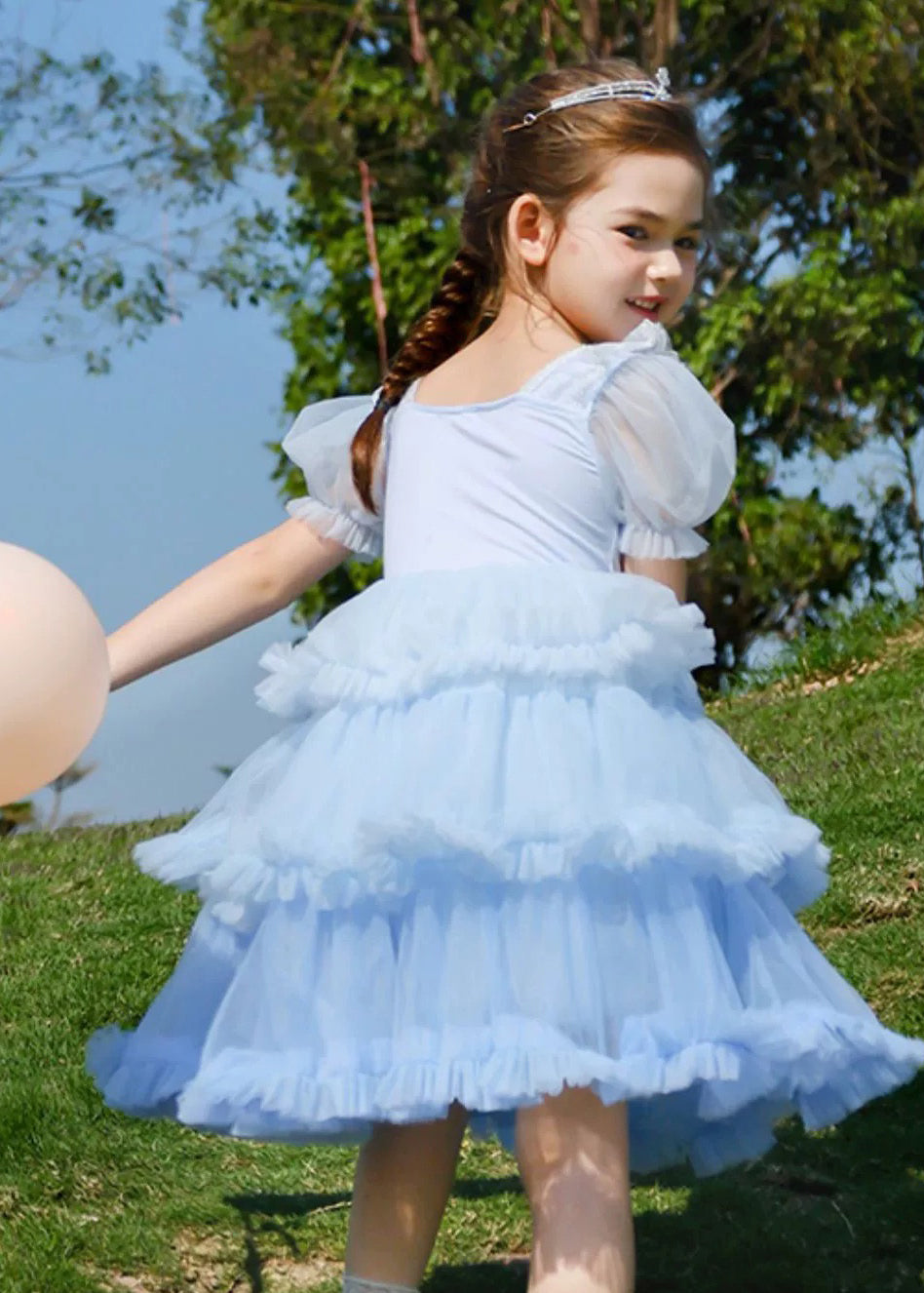 Art Blue O-Neck Ruffled Tulle Kids Girls Maxi Dresses Short Sleeve EW026