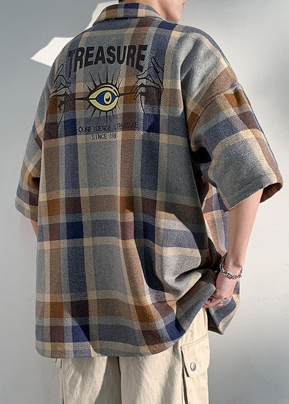 Peter Plaid Letter Collar Half Art Mens Shirts Pan Cotton Blue