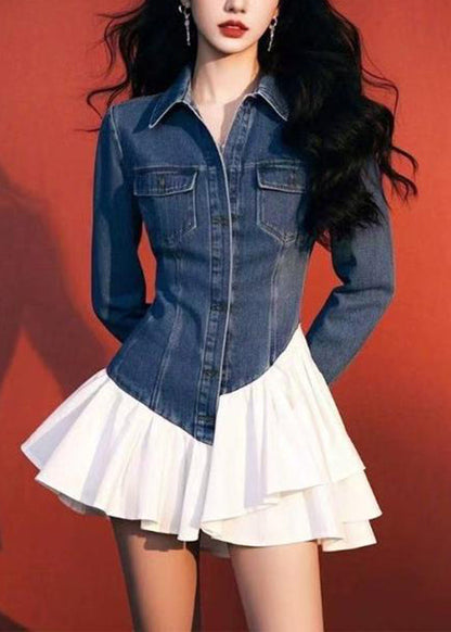 Pockets Two Blue Spring Fake Pieces Mid Dresses Art Denim