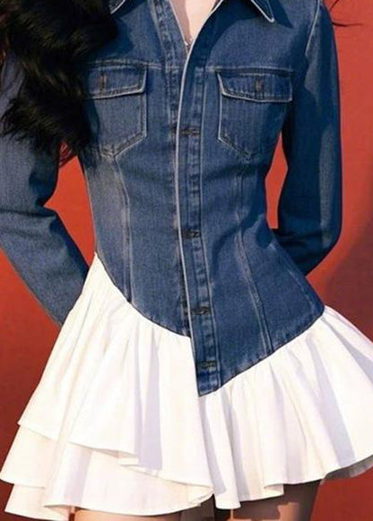 Pockets Two Blue Spring Fake Pieces Mid Dresses Art Denim