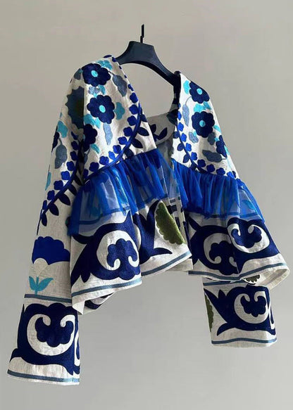 Cardigan Patchwork Blue Cotton Wrinkled Art Print Fall