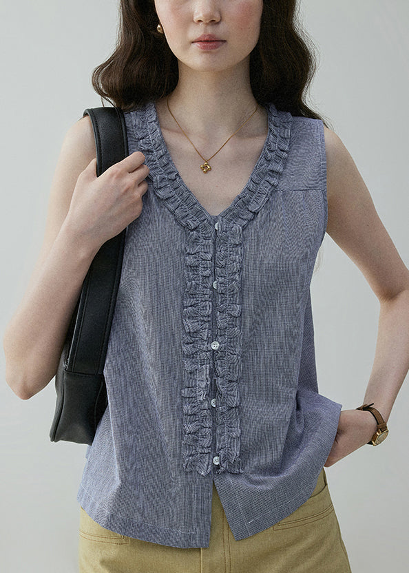 Ruffled Art Blouses Blue On Both Sides Cotton Wear Button