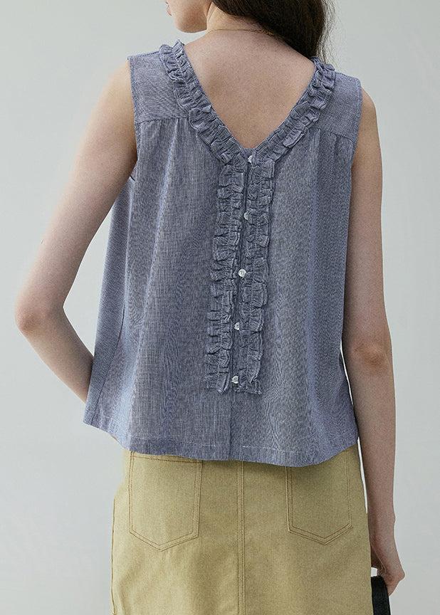 Ruffled Art Blouses Blue On Both Sides Cotton Wear Button