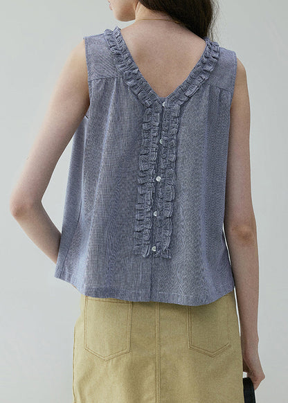 Ruffled Art Blouses Blue On Both Sides Cotton Wear Button