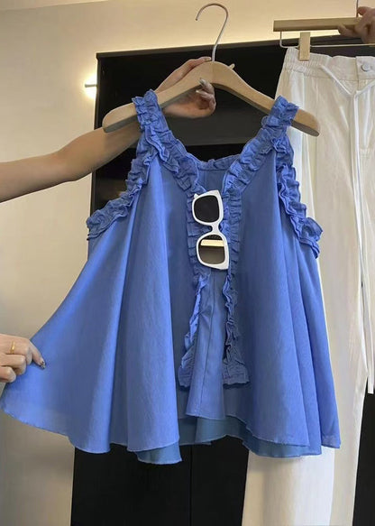 Ruffled Art Blue Cotton Top Sleeveless Solid Blouse
