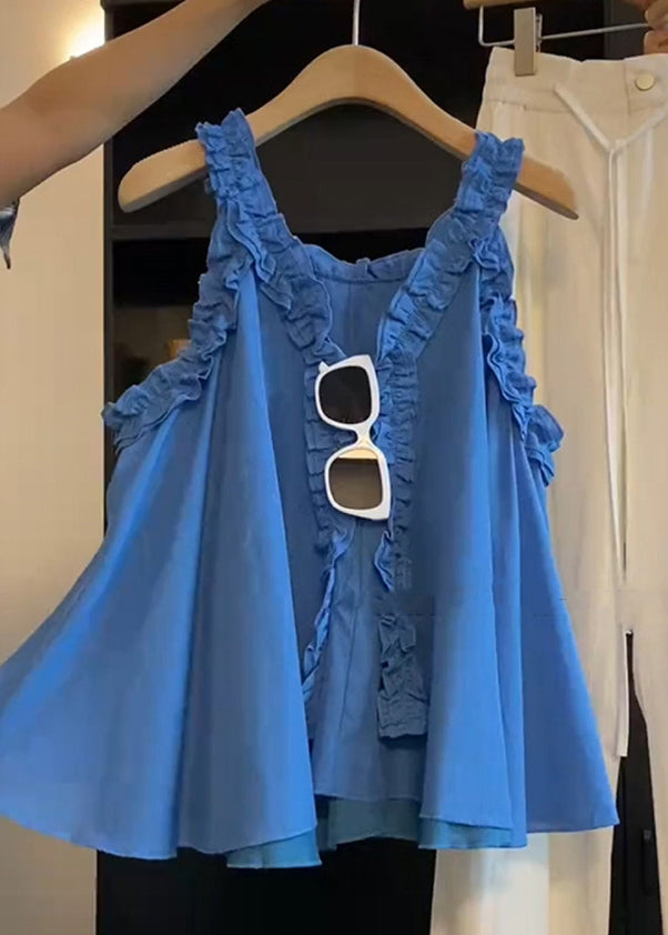 Ruffled Art Blue Cotton Top Sleeveless Solid Blouse