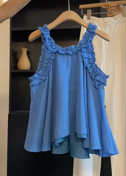 Ruffled Art Blue Cotton Top Sleeveless Solid Blouse