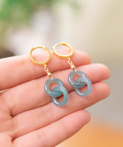 Art Blue Sterling Silver Overgild Jade Ping Buckle Drop Earrings II027