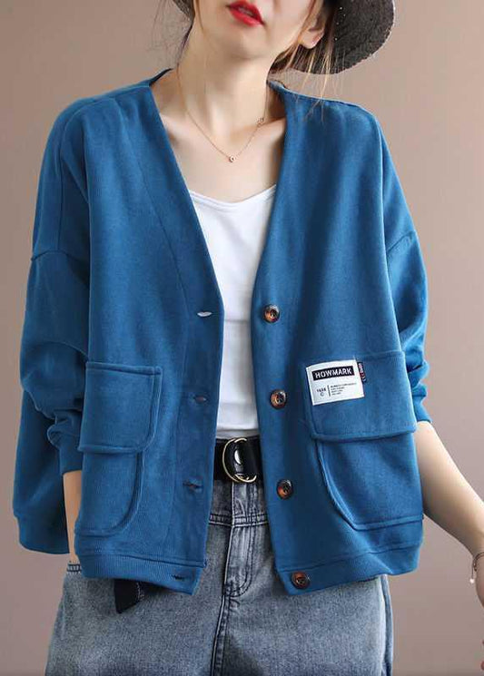 Art Blue V Neck Pockets Button Fall Long sleeve Coat QS048