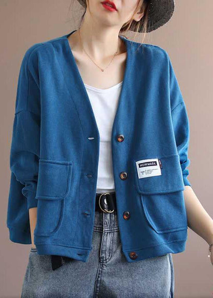 Art Blue V Neck Pockets Button Fall Long sleeve Coat QS048