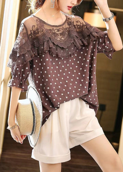 Art Coffee Lace Patchwork Dot Print Top Half Sleeve WW045