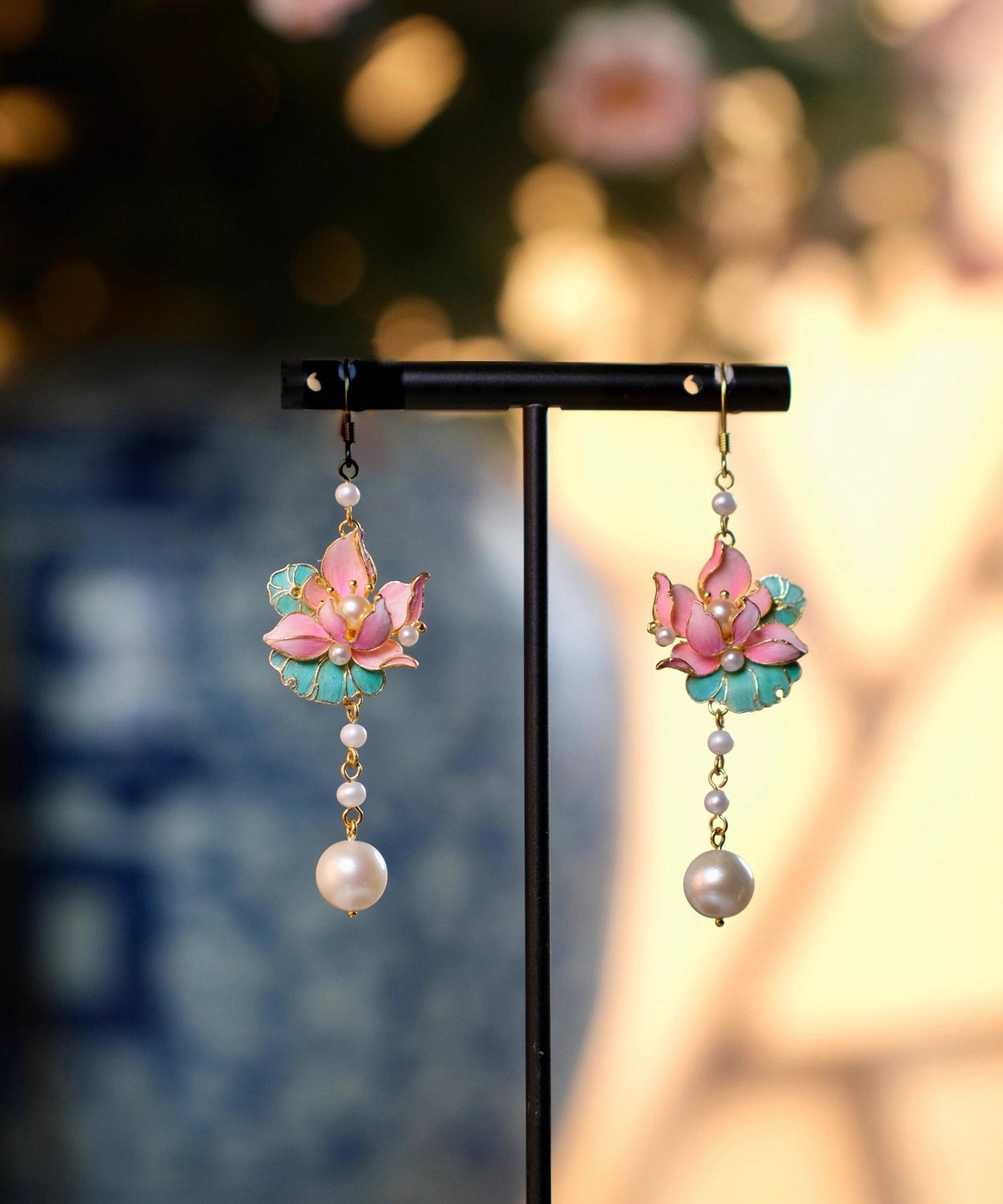 Art Colorblock Sterling Silver Overgild Pearl Lotus Flowers Tassel Drop Earrings WQ002