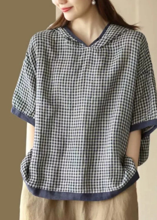 Art Dark Blue O-Neck Plaid Hooded T Shirt Summer AP022