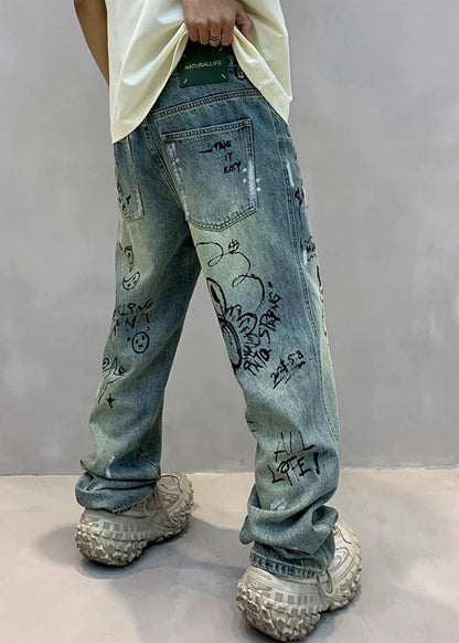 Art Denim Blue High Wais Print Mens Pants SA067