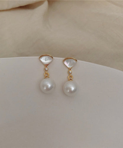 Art Gold Sterling Silver Overgild Fan Shaped Shell Pearl Drop Earrings PO067