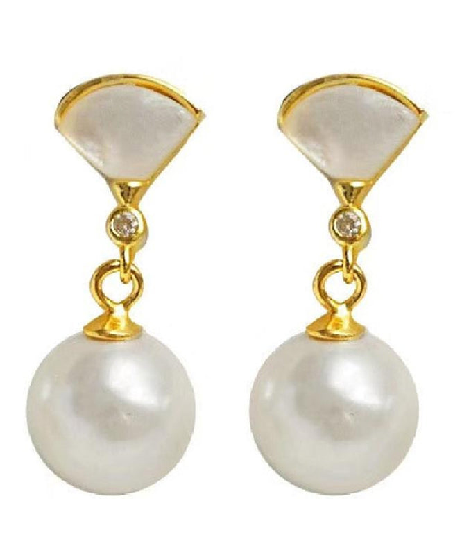 Art Gold Sterling Silver Overgild Fan Shaped Shell Pearl Drop Earrings PO067